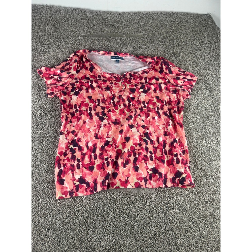 Karen Scott T-Shirt Women's Pink Henley Top Floral Abstract Short Sleeve - XXL